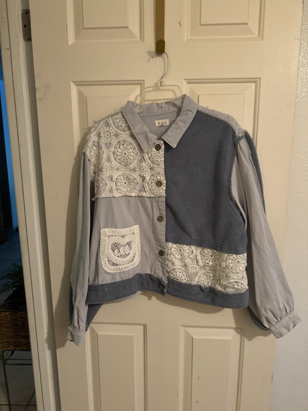 POL Patchwork Lace & Knit Button-Up Jean Jacket in Light Blue and White